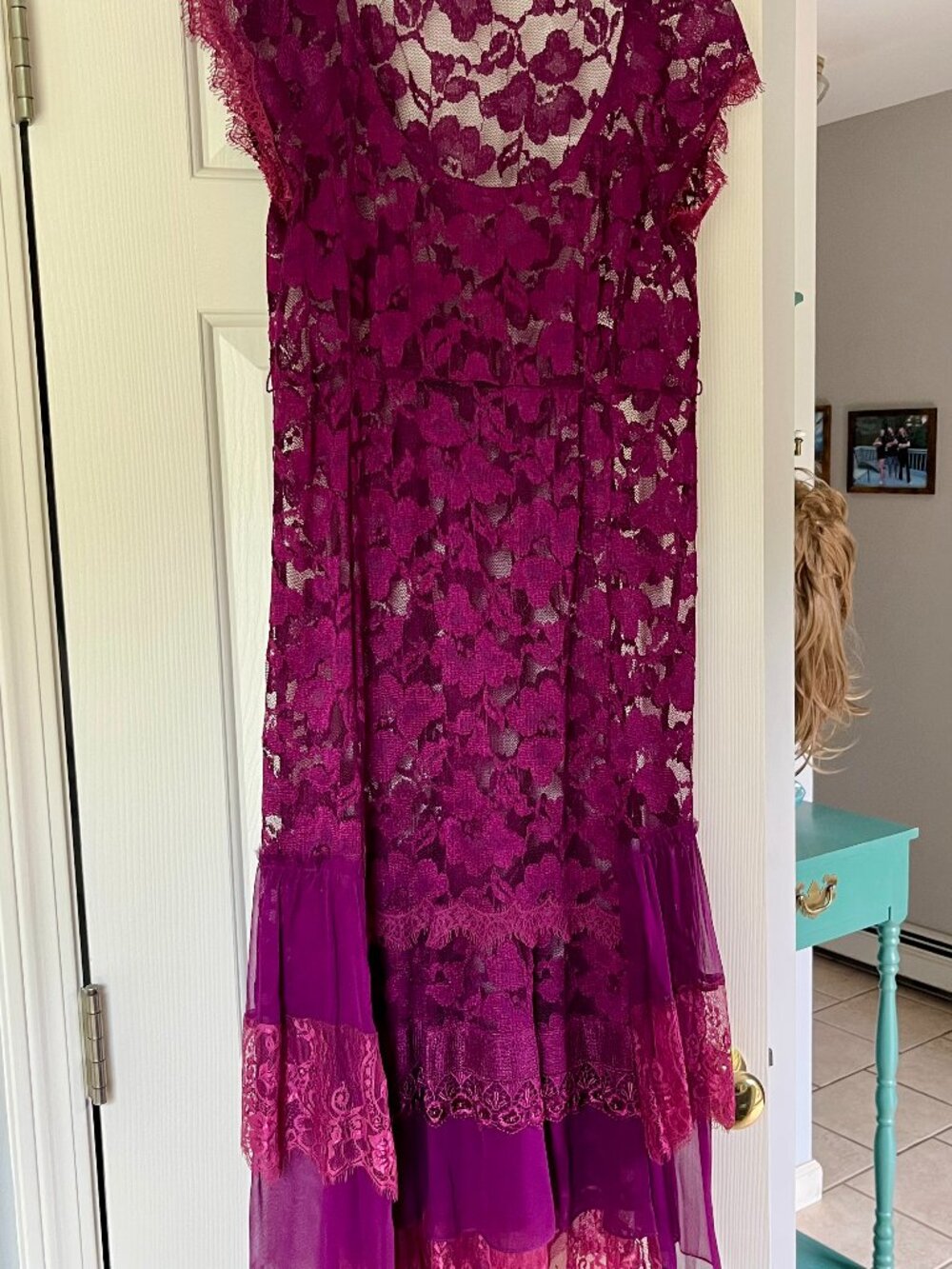 Nanette Lepore Magenta/Berry Floral Lace Tiered Midi Dress with Silk Slip (US 2)